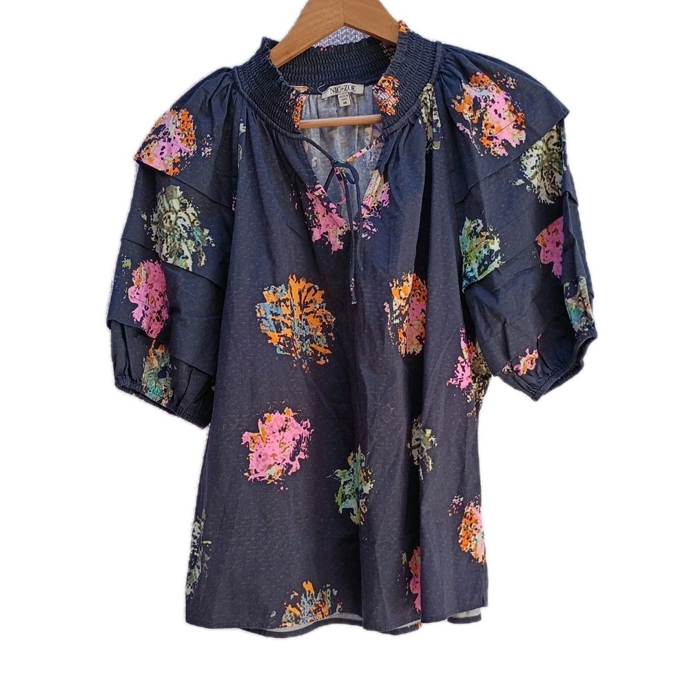 Nic & Zoe Navy Floral Blouse Size M Puff Sleeves Coastal Beachy Summer Top